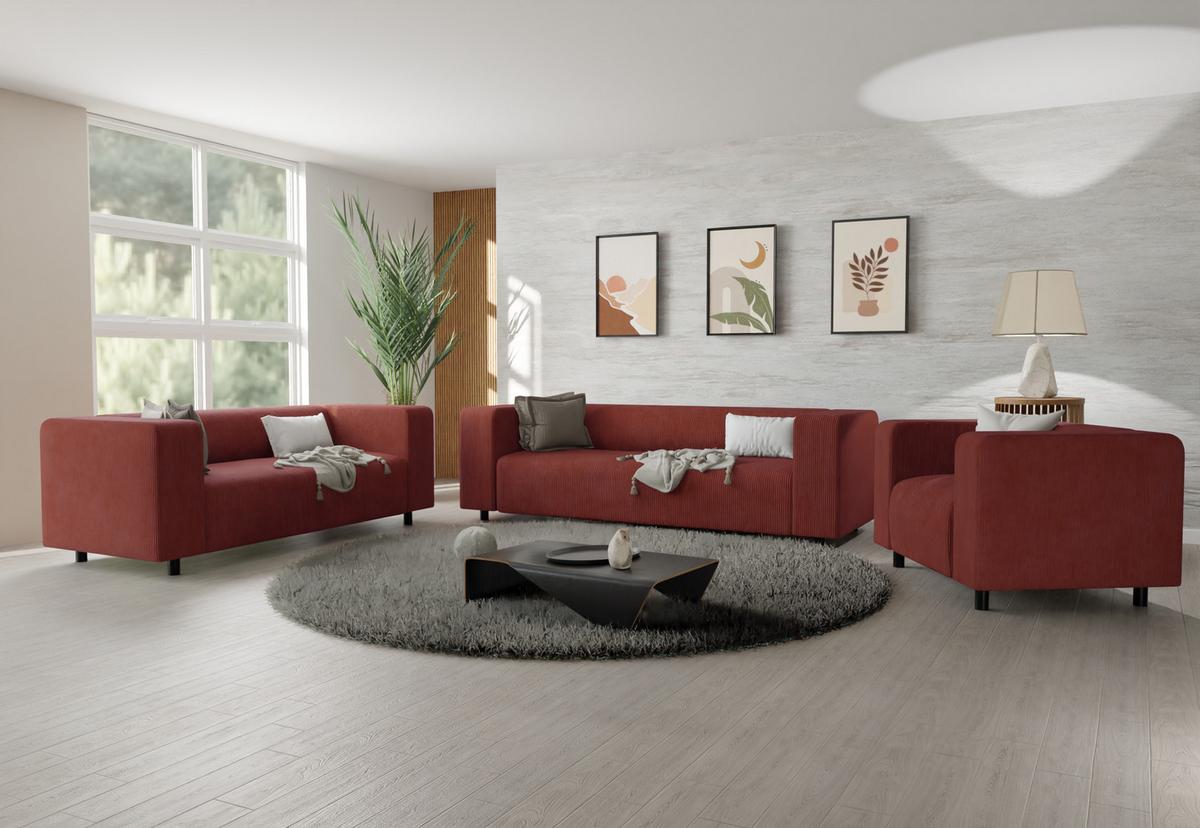 SITZGARNITUR 3+2+1 Tove Terrakotta Cord - Terracotta/Schwarz, Holz/Kunststoff (175/65/80cm) - S-Style Möbel