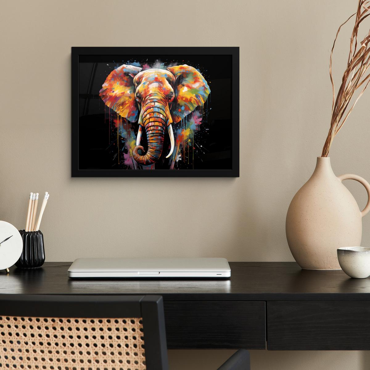 POSTER MIT RAHMENGERAHMTES BILD Elefant - Graffiti - Schwarz - Tiere - Farben 40x30 cm - Schwarz, Papier (40/30cm) - MuchoWow