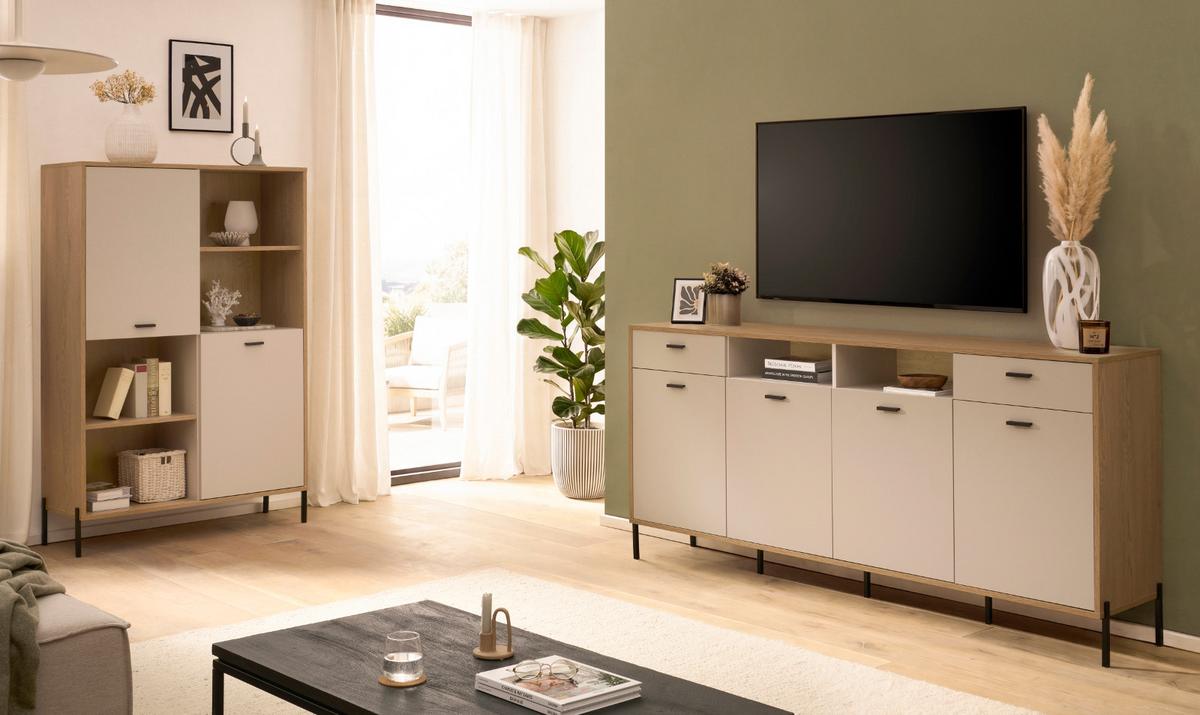 WOHNWAND Kaschmir, Eiche 320 cm Set 2-teilig, Wohnkombination mit Soft-Close - Kaschmir/Eichefarben, Glas/Holzwerkstoff (320/160/40cm) - Furn.Design