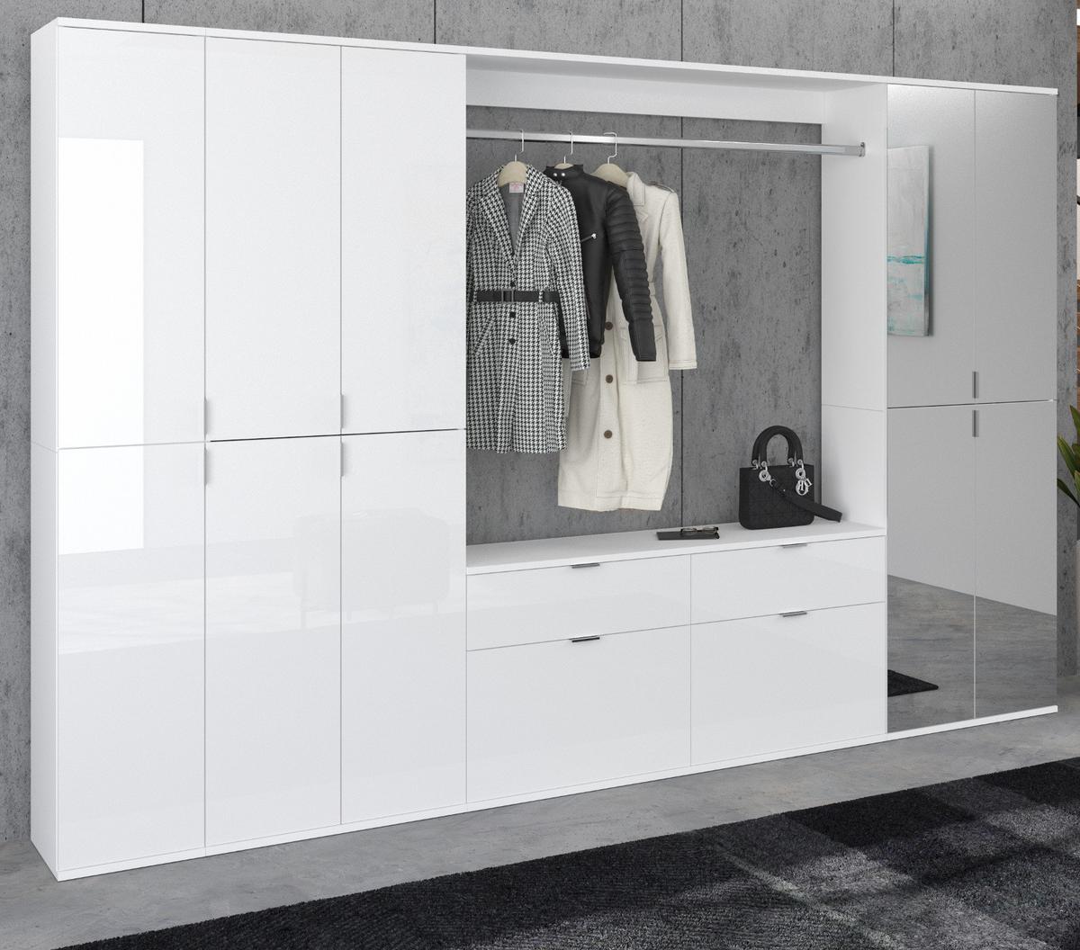 GARDEROBEN-SET weiß Hochglanz 273 cm viel Stauraum, Flurgarderobe mit Spiegeltür - Chromfarben/Weiß Hochglanz, Glas/Holzwerkstoff (273/193/34cm) - Inn.Furn