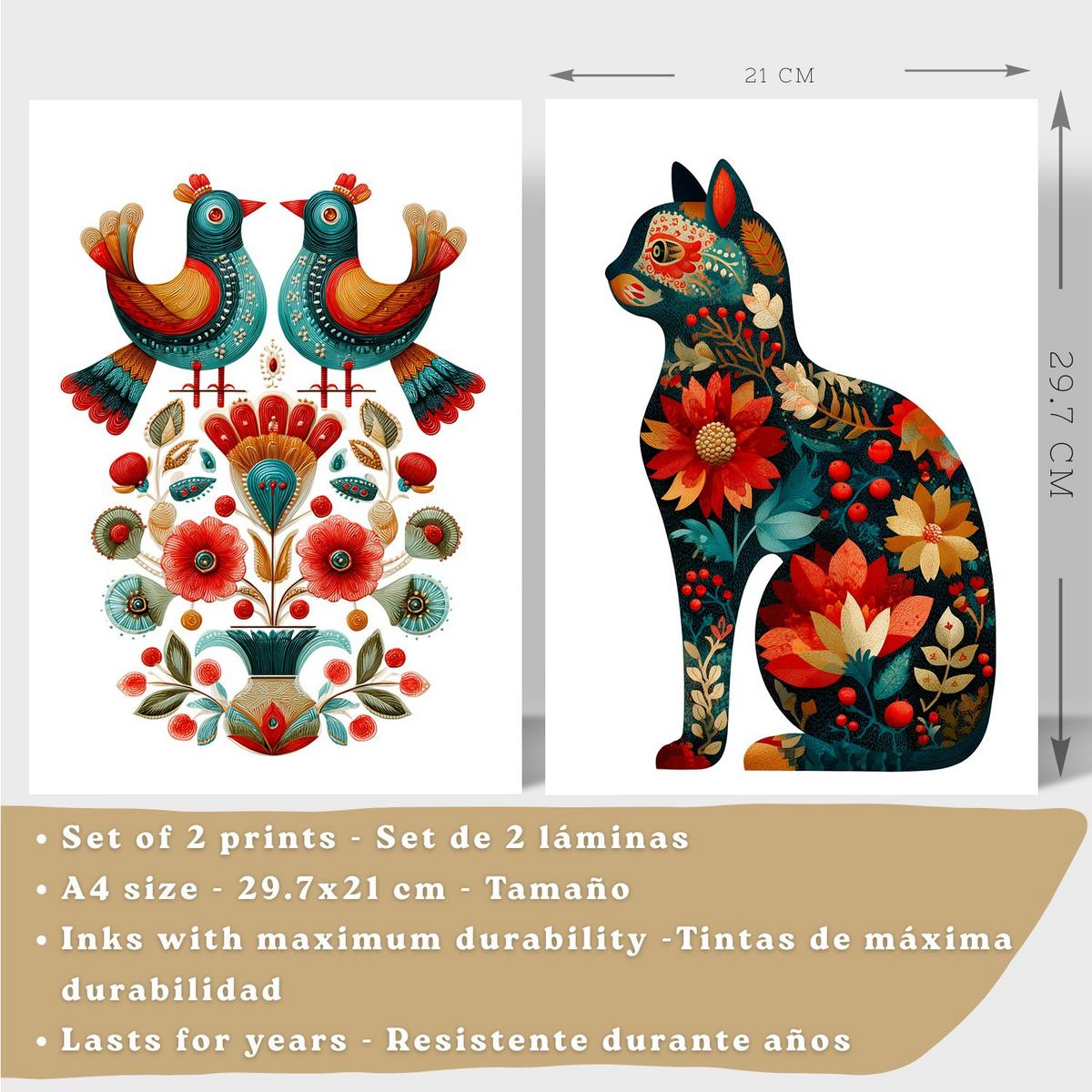 POSTER 2er-Set dekorative Badezimmer-Kunstdrucke, im Stil der Volkskunst für Wand, Toilette mit Vögeln und elegantem Blumen-Katzen Schwarzer Rahmen A4 - Schwarz, Papier (29.7/21/3cm) - Nacnic