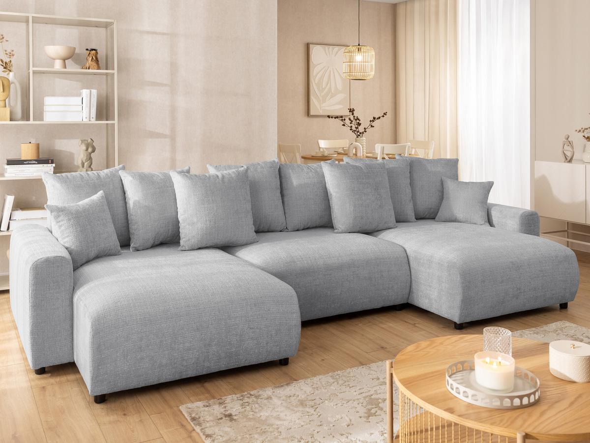 WOHNLANDSCHAFT Calma mit Schlaffunktion und Bettkasten im Bumpy-Design aus weichem Hellgrau Chenille-Stoff - Hellgrau/Schwarz, Holz/Kunststoff (336/88/140cm) - S-Style