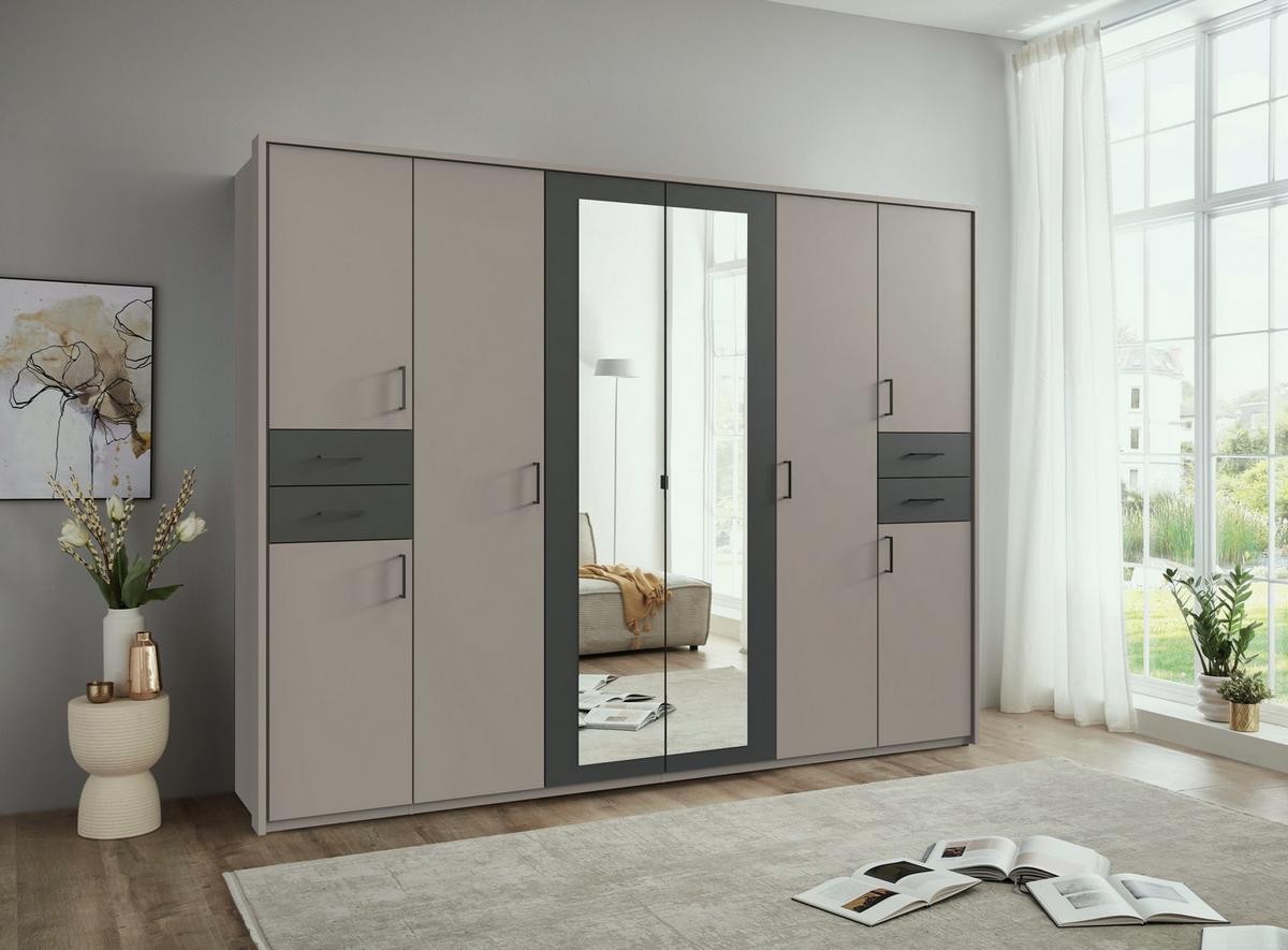 DREHTÜRENSCHRANK B273/H210/T58 cm, Sandgrau mit Absetzungen in Grafit, Kleiderschrank m.Passepartout&2Spiegeltüren&Schubkästen, Griffe schwarz / 22579 - Sandfarben/Schwarz, Holzwerkstoff/Kunststoff (273/210/58cm) - luma-home