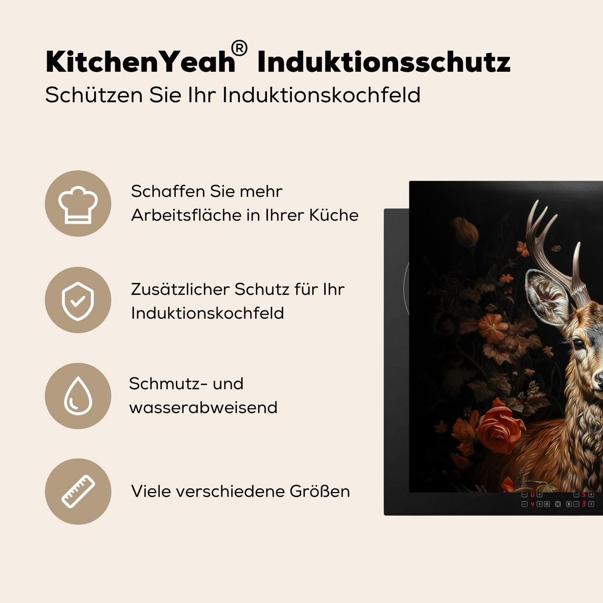 HERDABDECKPLATTE Hirsch - Tier - Blumen - Natur - Botanisch Herdabdeckung Induktionsfeld 65x52 cm - Kupferfarben, Kunststoff (65/52/0.2cm) - MuchoWow