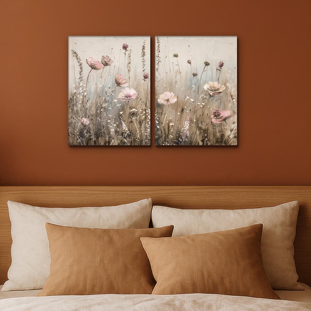 LEINWANDBILD 2er Set Blumen - Beige - Modern - Rosa 60x40 cm - Ecru, Textil (60/40cm) - MuchoWow