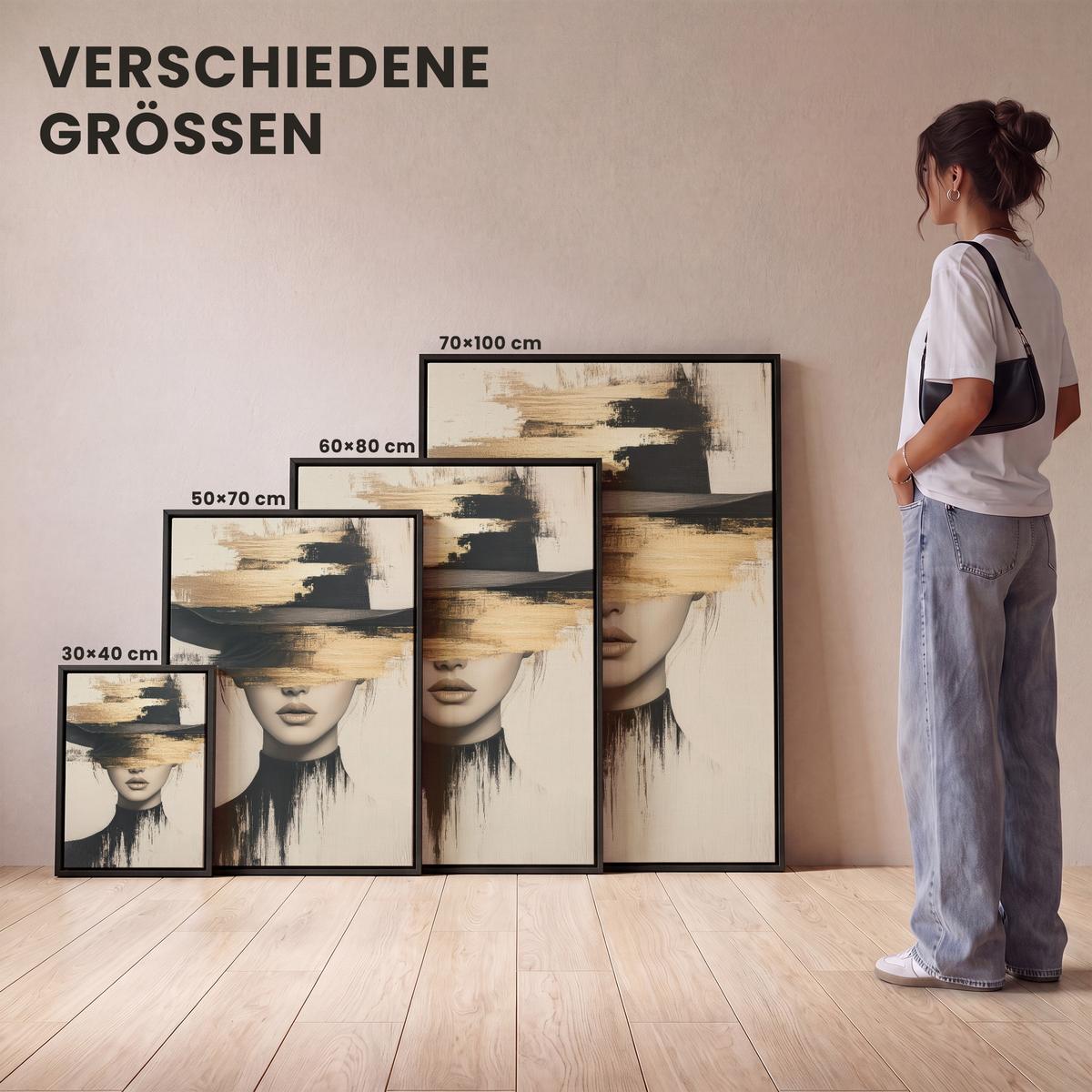 LEINWAND Bilder mit Rahmen - Frau - Hut - Farbe - 60x80 - Goldfarben, Textil (60/80cm) - MuchoWow