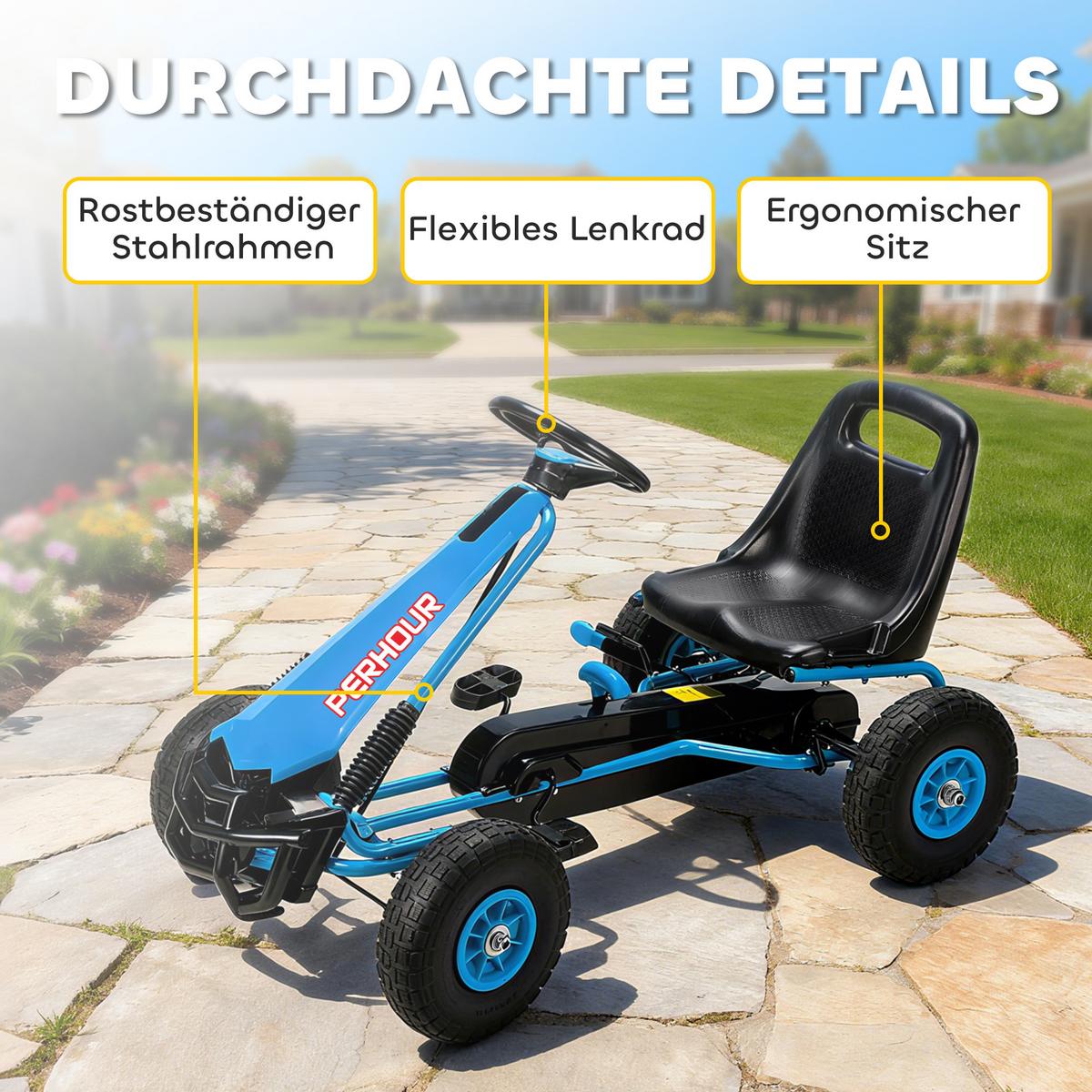 GOKART, Tretauto mit Handbremse, verstellbarem Sitz, Vor- und Rückwärtsgang - Blau, Metall (110/61/62cm) - AIYAPLAY