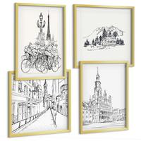 BILDER SET 4er Set - 50x50 cm & 40x60 cm Goldrahmen - Einfache Zeichnungen von Stadtansichten - Goldfarben, Kunststoff (50/50cm) - TULUP