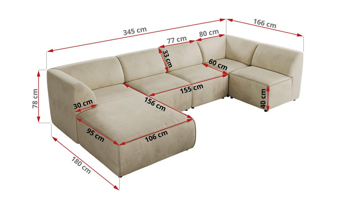 WOHNLANDSCHAFT MODARO U 5M - Beige Velvet - Links - Beige/Schwarz, Textil (180/78/345cm) - MKS