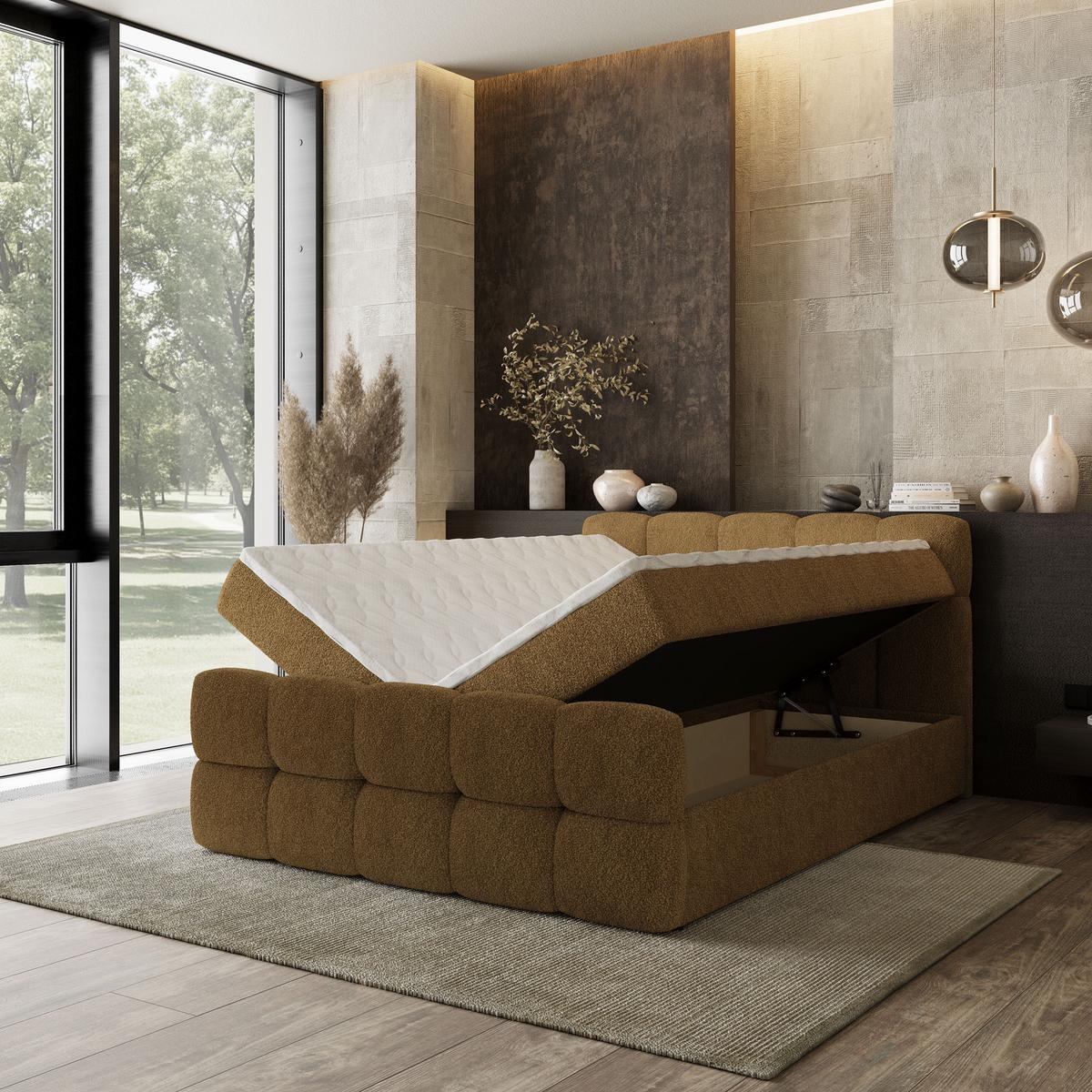 BOXBETT BRUME 160x200 cm mit Matratze und Topper, H2+H3 - Orange - Orange, Holz (160/200cm) - MASSENO