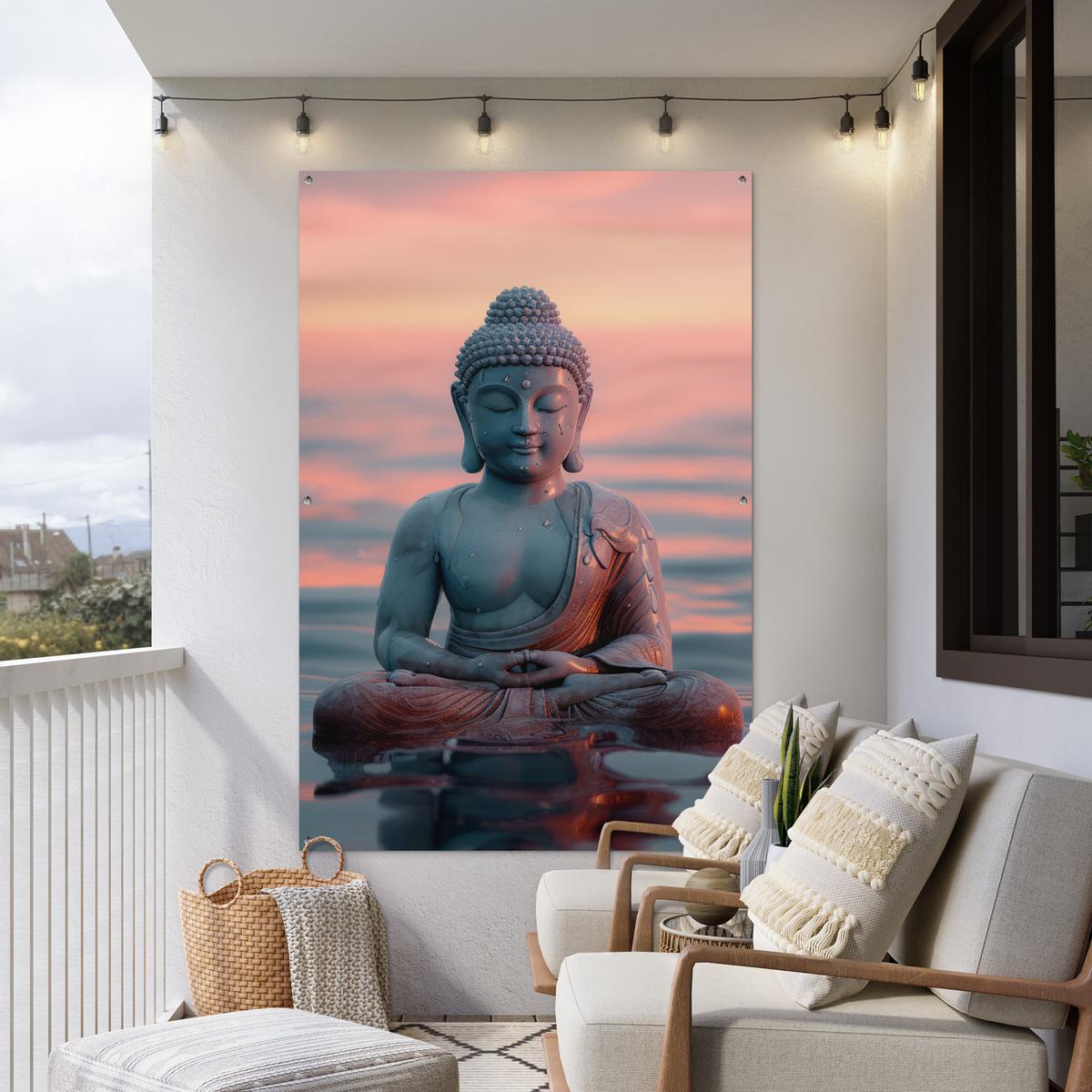 GARTENPOSTER Buddha - Statue - Buddha - Wasser - Kunst - Buddha Bild 120x180 cm - Blaugrau, Kunststoff (120/180/0.2cm) - OnlyWow