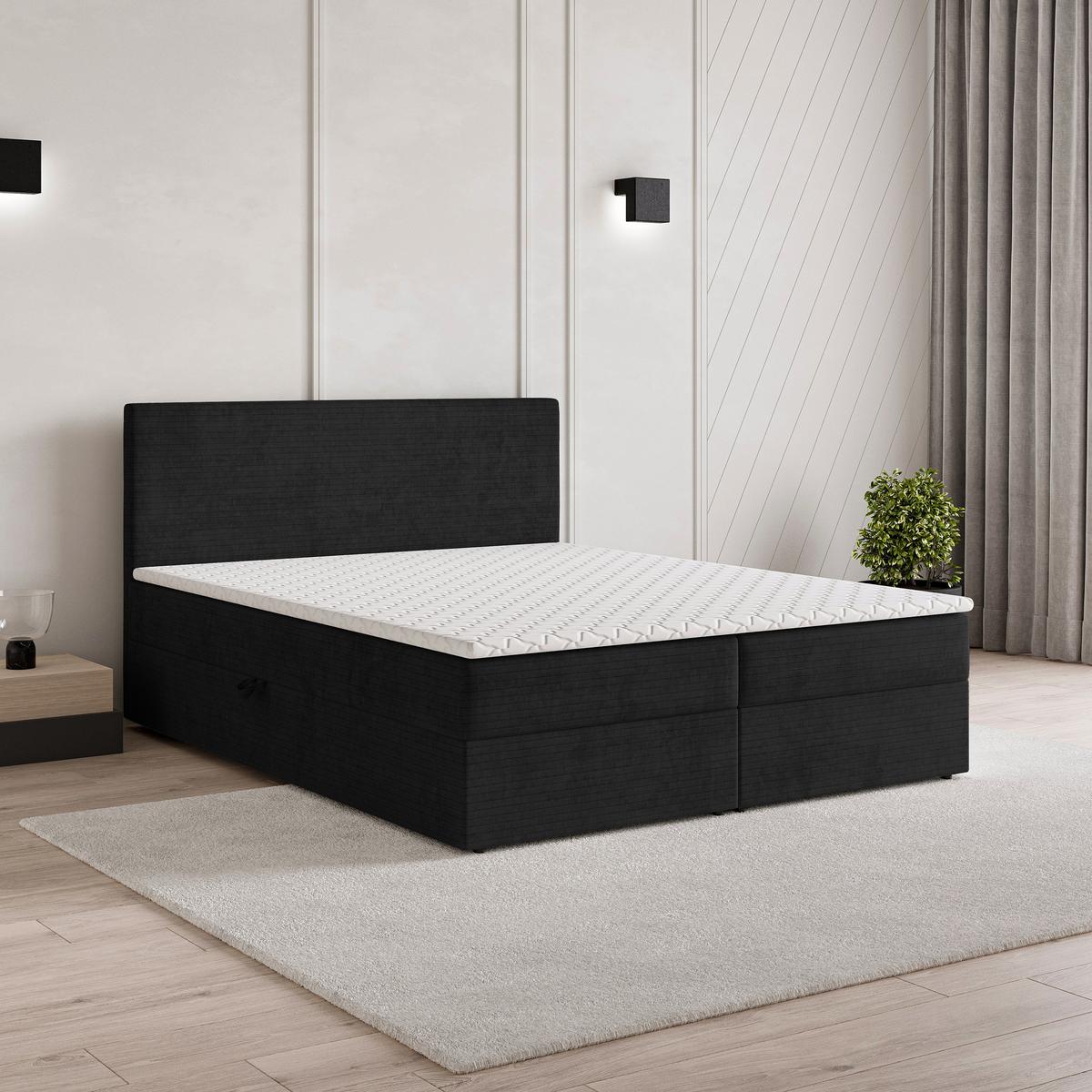 BOXBETT NIRA 180x200 cm mit Matratze und Topper - Schwarz - Schwarz, Holz (180/200cm) - MASSENO