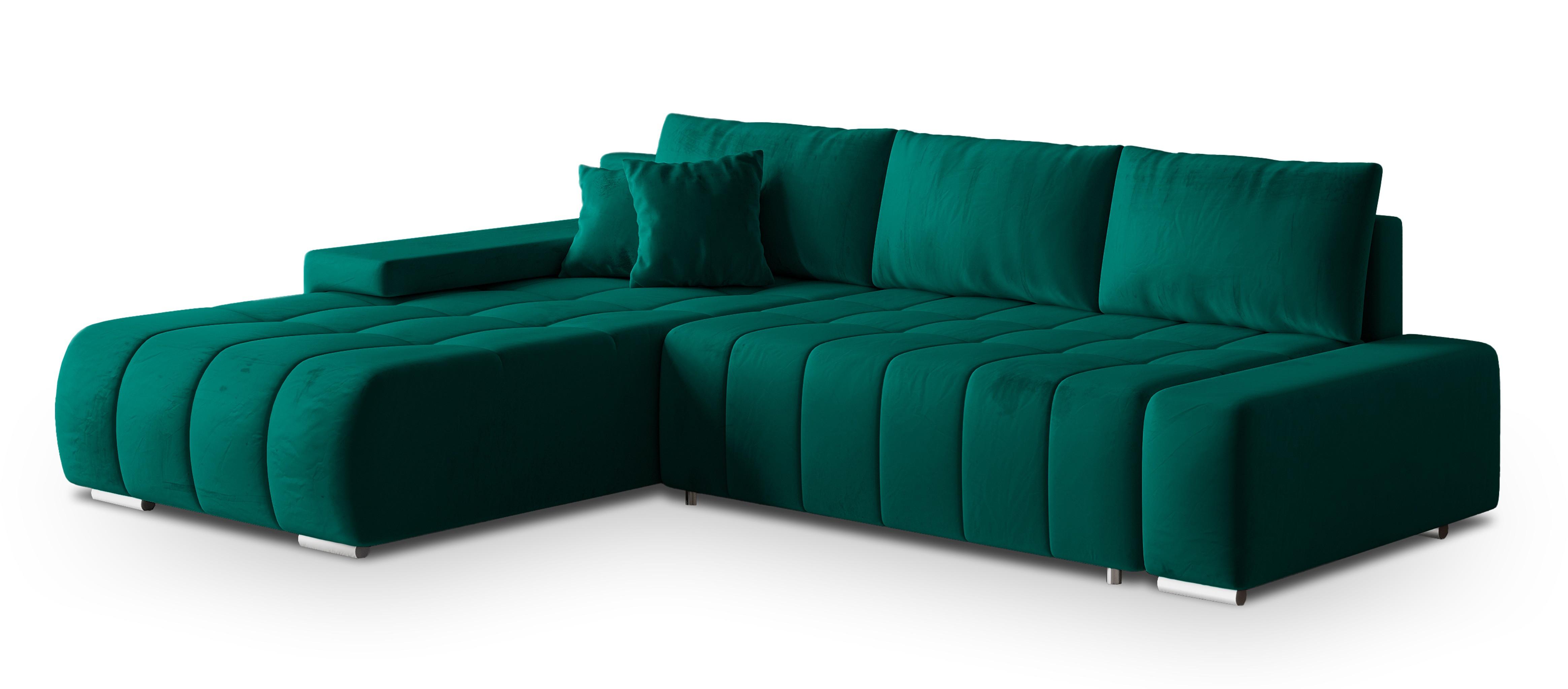 ECKSOFA ALESE L-S Grün Velours-Stoff mit Schlaffunktion - Silberfarben/Grün, Holz/Textil (265/185cm) - MASSENO