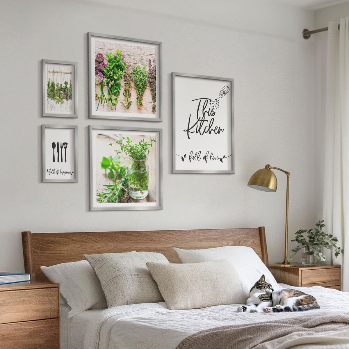 BILDER SET 5er Set - 50x50 cm & 20x30 cm & 40x60 cm Silberner Rahmen - Kräuterpflanzen zum Trocknen in der Küche - Silberfarben, Kunststoff (40/60cm) - TULUP