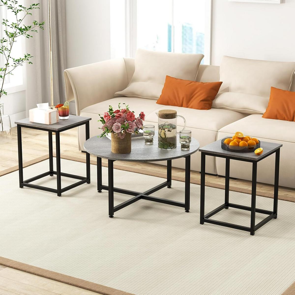 BEISTELLTISCH Grau(3-teilig) - Grau, Holzwerkstoff (80/80/42cm) - COSTWAY