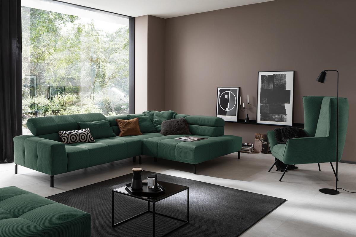 ECKSOFA MIT MOTORISCHEM SITZVORZUG OHIO Smaragdgrün Cord Relaxfunktion - Smaragdgrün/Schwarz, Textil/Metall (311/219cm) - KAWOLA