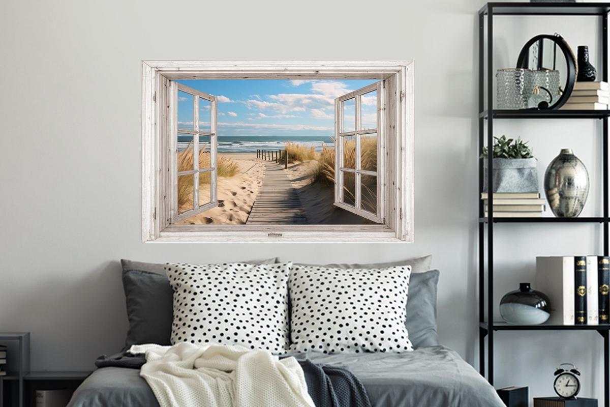 WANDTATTOO Fenster - Meer - Küste - Natur - Ausblick - Strand - Wattenmeer Wandsticker 120x80 cm - Beige, Kunststoff (120/80/0.1cm) - MuchoWow