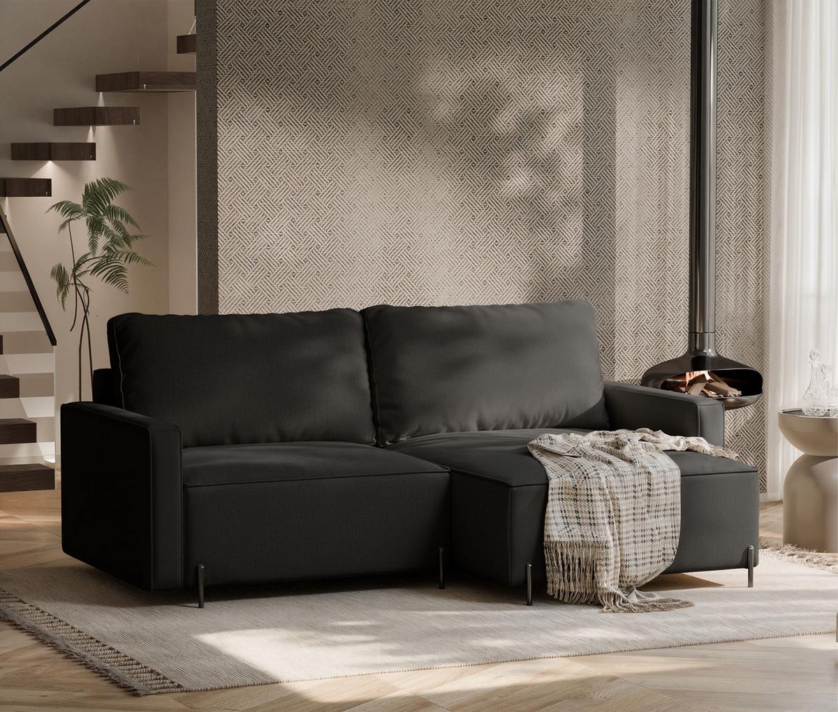 ECKSOFA LEO Rechts, mit Schlaffunktion und Bettkasten, Anthrazit - Anthrazit, Textil/Metall (229/148cm) - Idohome