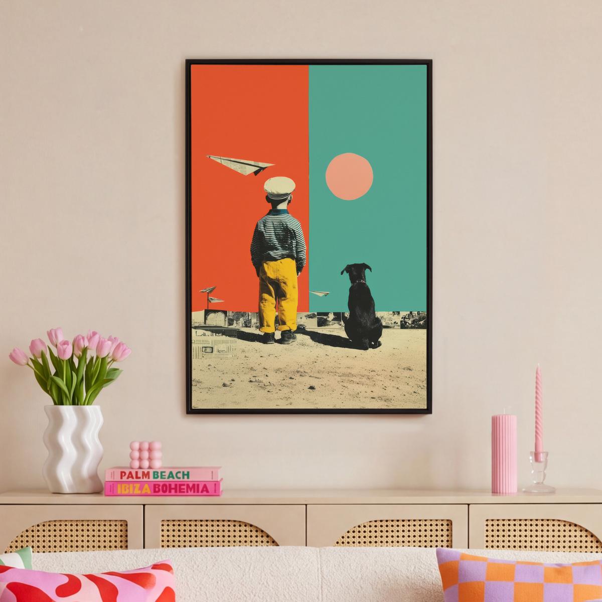 LEINWAND Bilder mit Rahmen - Retro - Junge - Hund - Rot - Grün - 60x90 - Orange, Textil (60/90cm) - MuchoWow