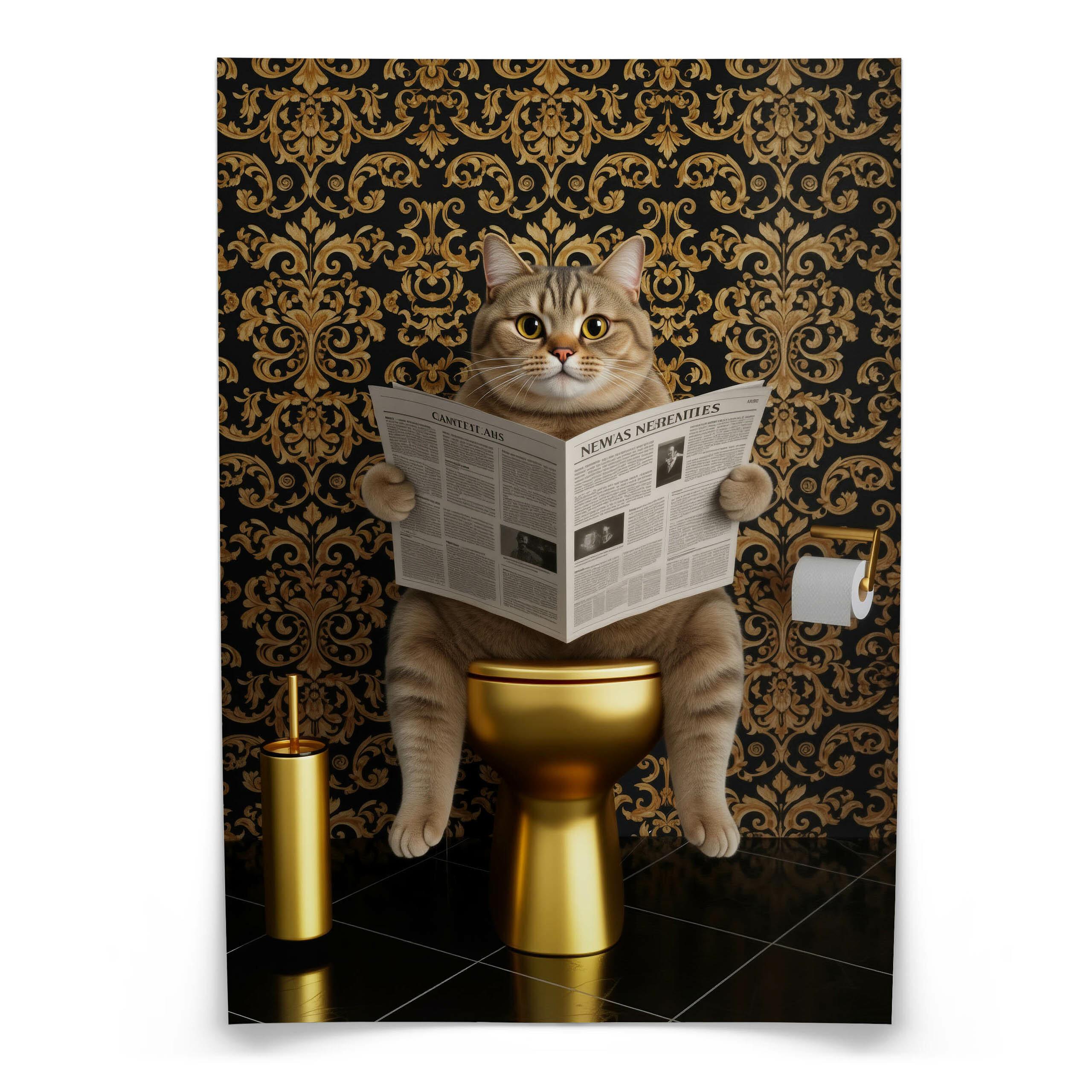 POSTER für Badezimmer WC KATZE auf Toilette mit Zeitung Glamour Abstraktion 30x40cm - Gelb/Beige, Papier (30/40/40cm) - Muralo