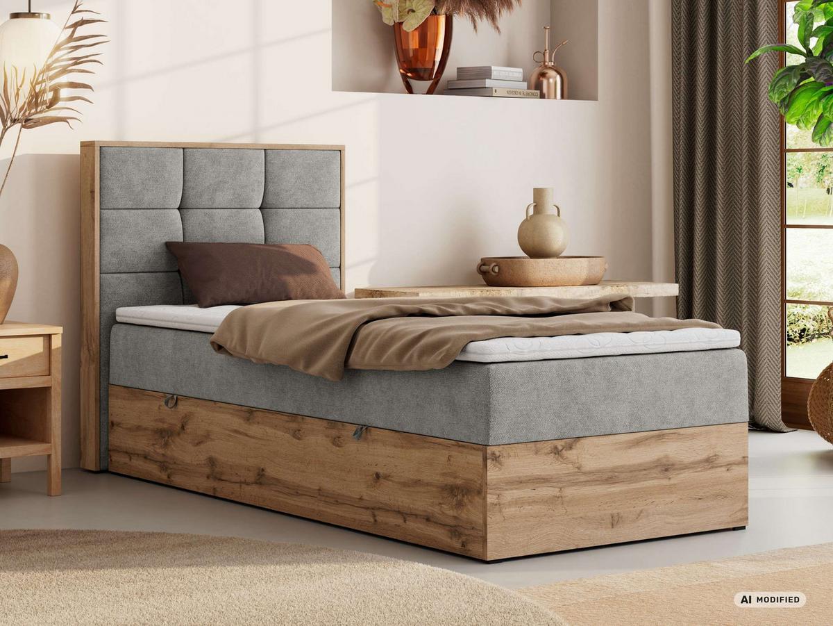BOXBETT ALBERO 1 90/200 - Hellgrau Stukture - Topper T25 - H3 - Links - Silberfarben/Hellgrau, Kunststoff/Textil (90/200cm) - MKS