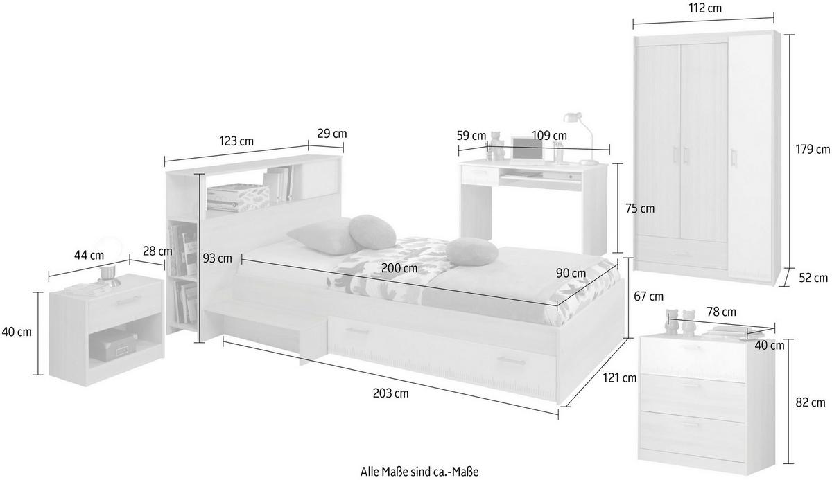 JUGENDZIMMER Set 5-tlg Kleiderschrank Schreibtisch Bett 90x200 - Silberfarben/Weiß, Holz/Holzwerkstoff (160/180/52cm) - Parisot Meuble