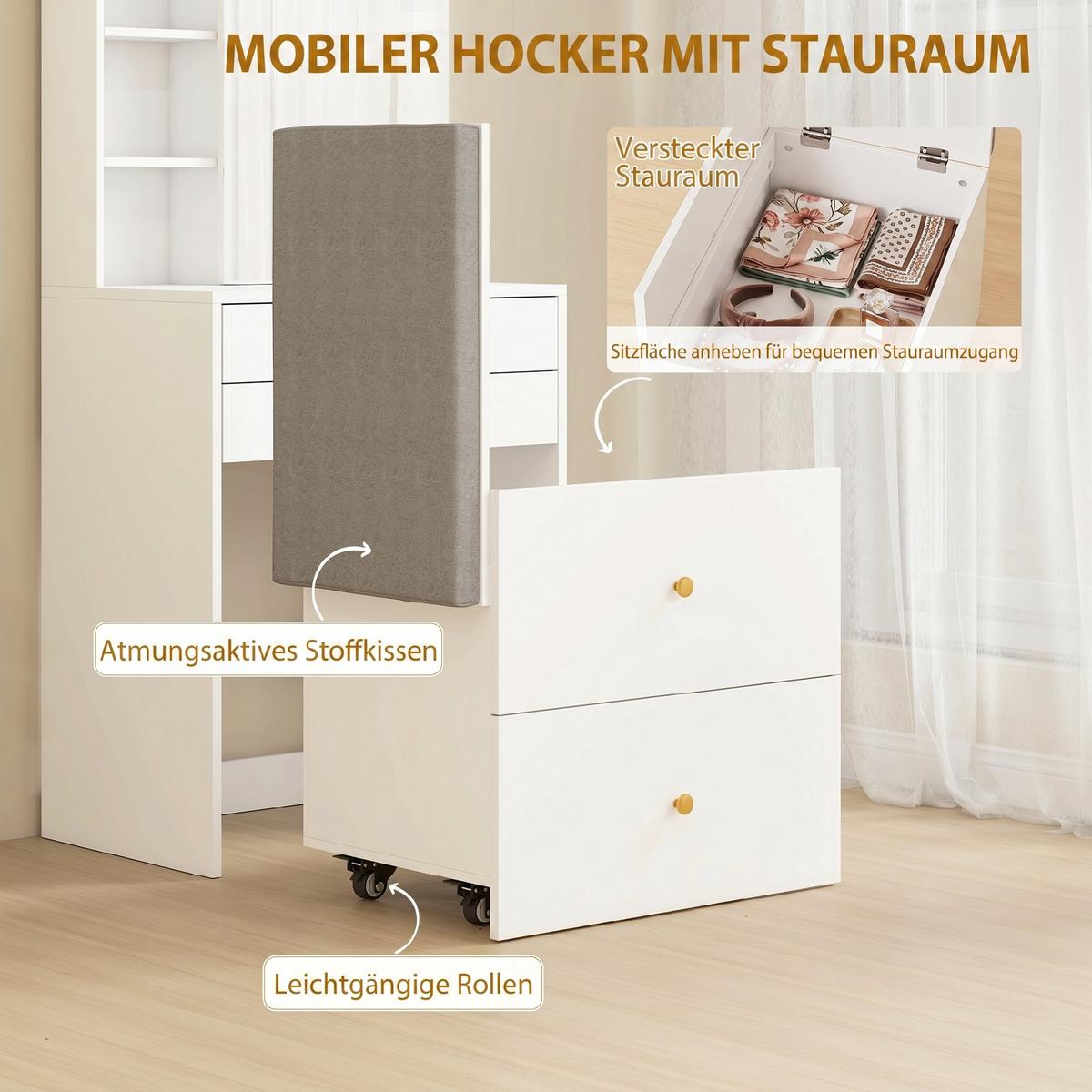 SCHMINKTISCH-SET Leinen Spanplatte Weiß - Weiß, Holzwerkstoff/Textil (40/132.5/60cm) - HOMCOM