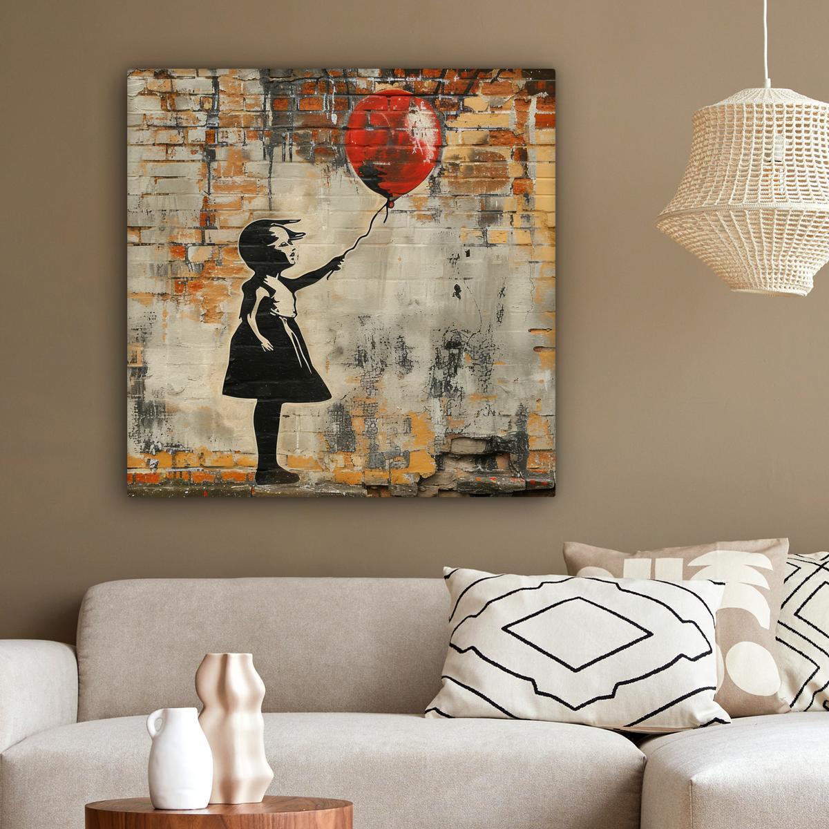 LEINWANDBILD Graffiti - Banksy - Mädchen - Straßenkunst Deko Groß 90x90 cm - Sandfarben, Textil (90/90cm) - MuchoWow