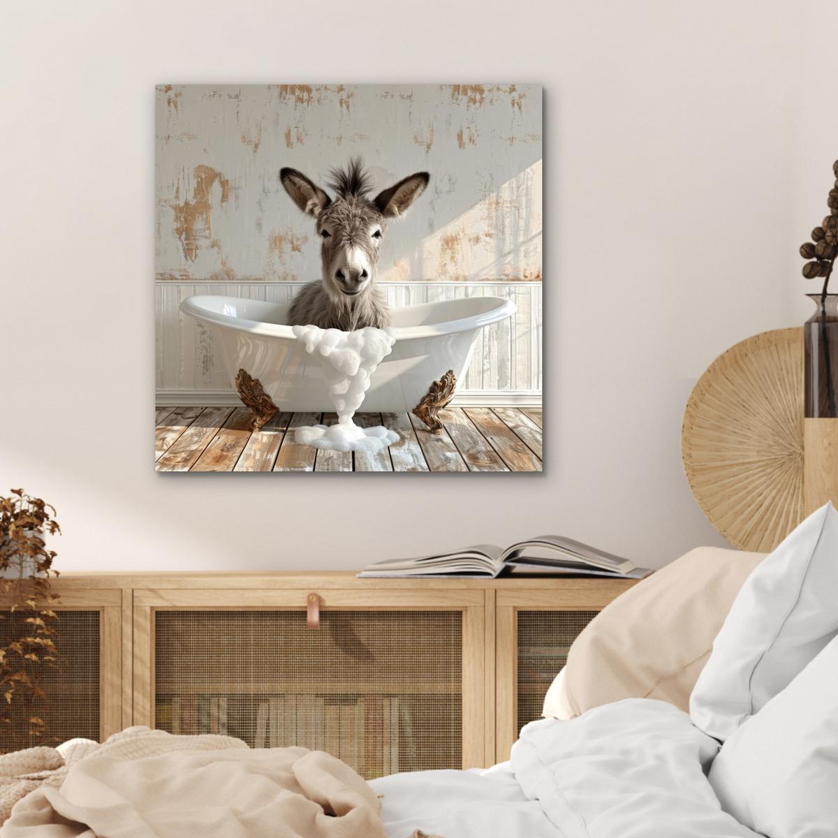 METALLBILD Esel - Tiere - Badewanne - Schaumstoff 50x50 cm - Weiß, Metall (50/50cm) - MuchoWow