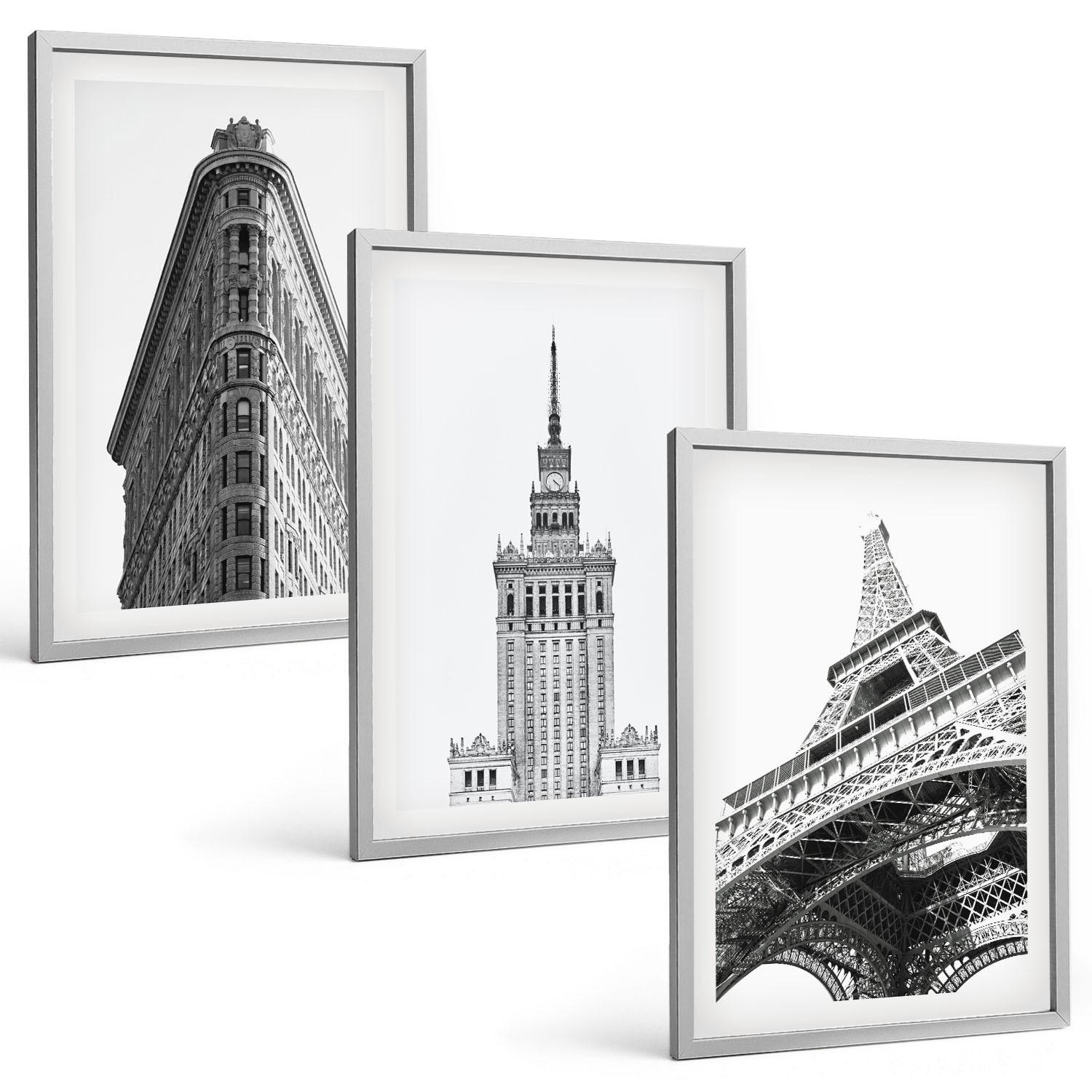 BILDER SET 3er Set - 40x60 cm Silberner Rahmen - Architektonische Schwarz-Weiß-Gebäude - Silberfarben, Kunststoff (40/60cm) - TULUP