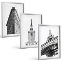 BILDER SET 3er Set - 40x60 cm Silberner Rahmen - Architektonische Schwarz-Weiß-Gebäude - Silberfarben, Kunststoff (40/60cm) - TULUP