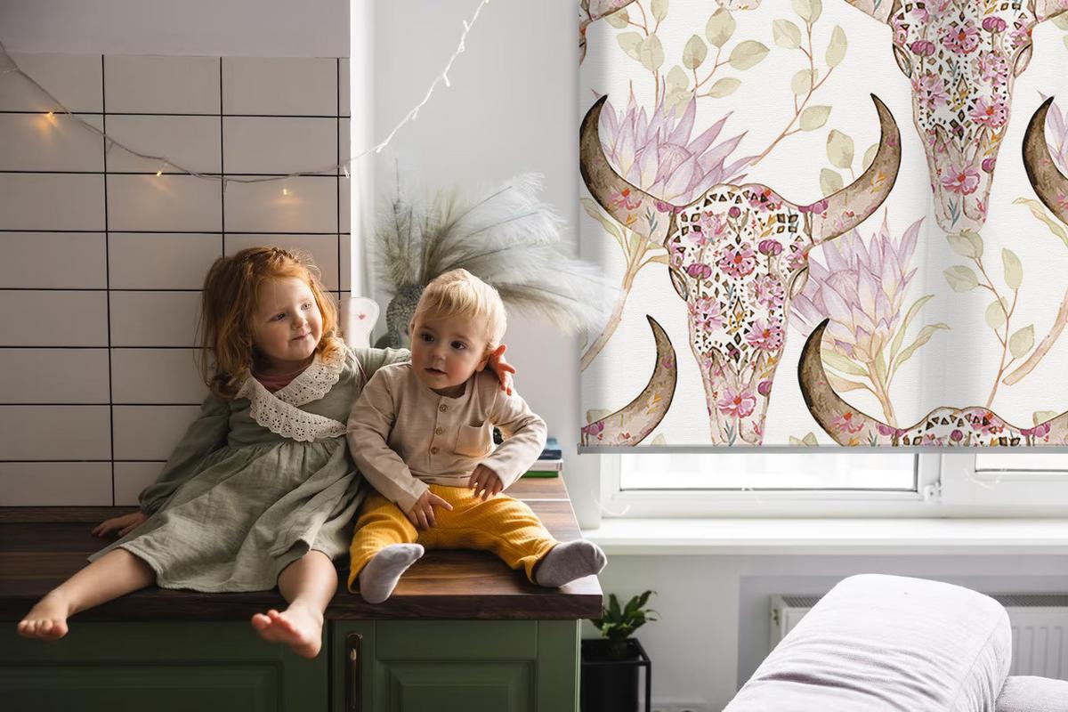 INNENROLLO - Fensterrollo - Rollo - 120x140 cm - Bunte Büffelköpfe - Pink, Kunststoff (120/140/0.5cm) - TULUP