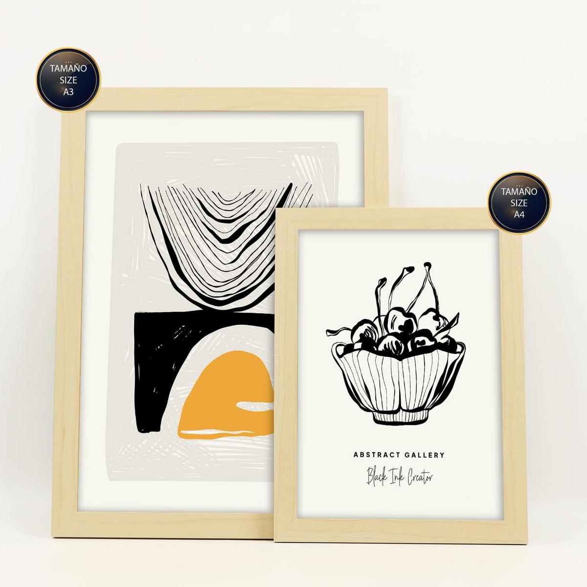POSTER Set Mit 6 In Schwarzer Tinte Früchte Künstlerische Und Abstrakte Drucke Für Innenarchitektur A3 & A4 Rahmen Aus Hellem Holz - Beige, Papier (29/3cm) - Nacnic