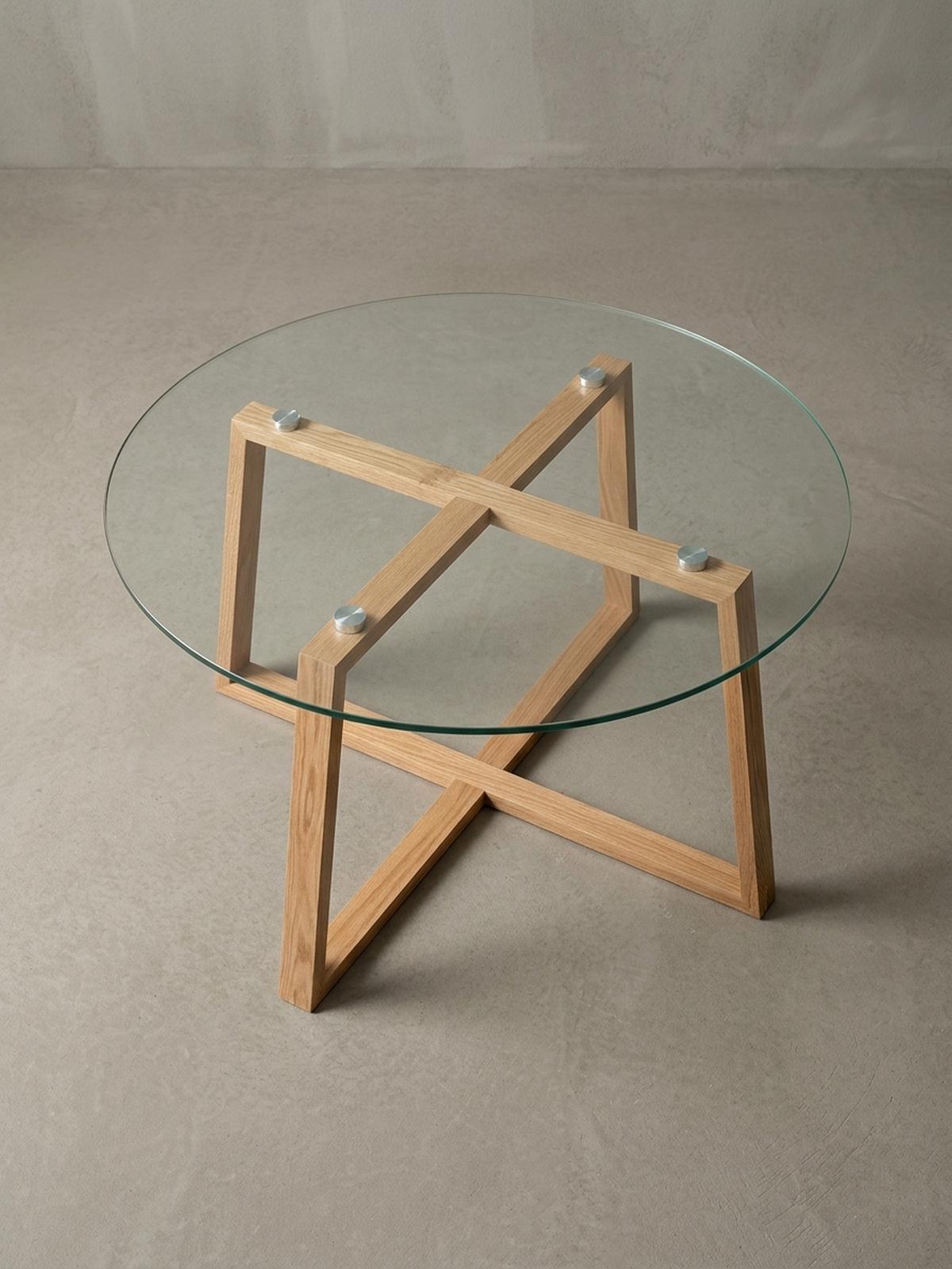 COUCHTISCH in Eiche mit transparenter Glasplatte und überkreuztem Gestell, modernes Design - Beige/Braun, Glas/Eichenholz (78/78/41cm) - KADIMA DESIGN