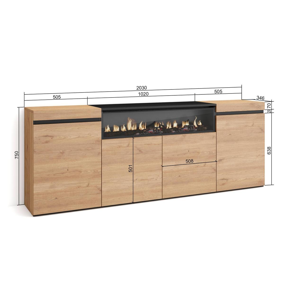 SIDEBOARD mit Elektrokamin, eiche, schwarz, 200/35/75cm - Beige/Multicolor, Holzwerkstoff (200/75/35cm) - Skraut Home