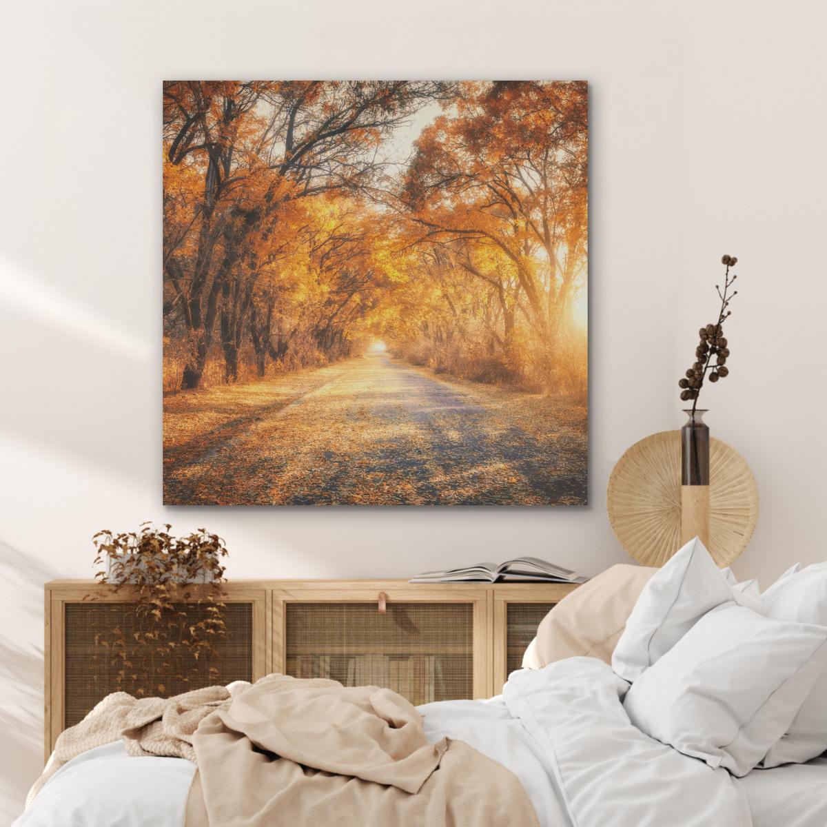 AKUSTIKBILD Wald - Herbst - Bäume - Waldweg - Natur Akustikpaneele 90x90 cm - Bernsteinfarben, Kunststoff (90/90/0.9cm) - MuchoWow