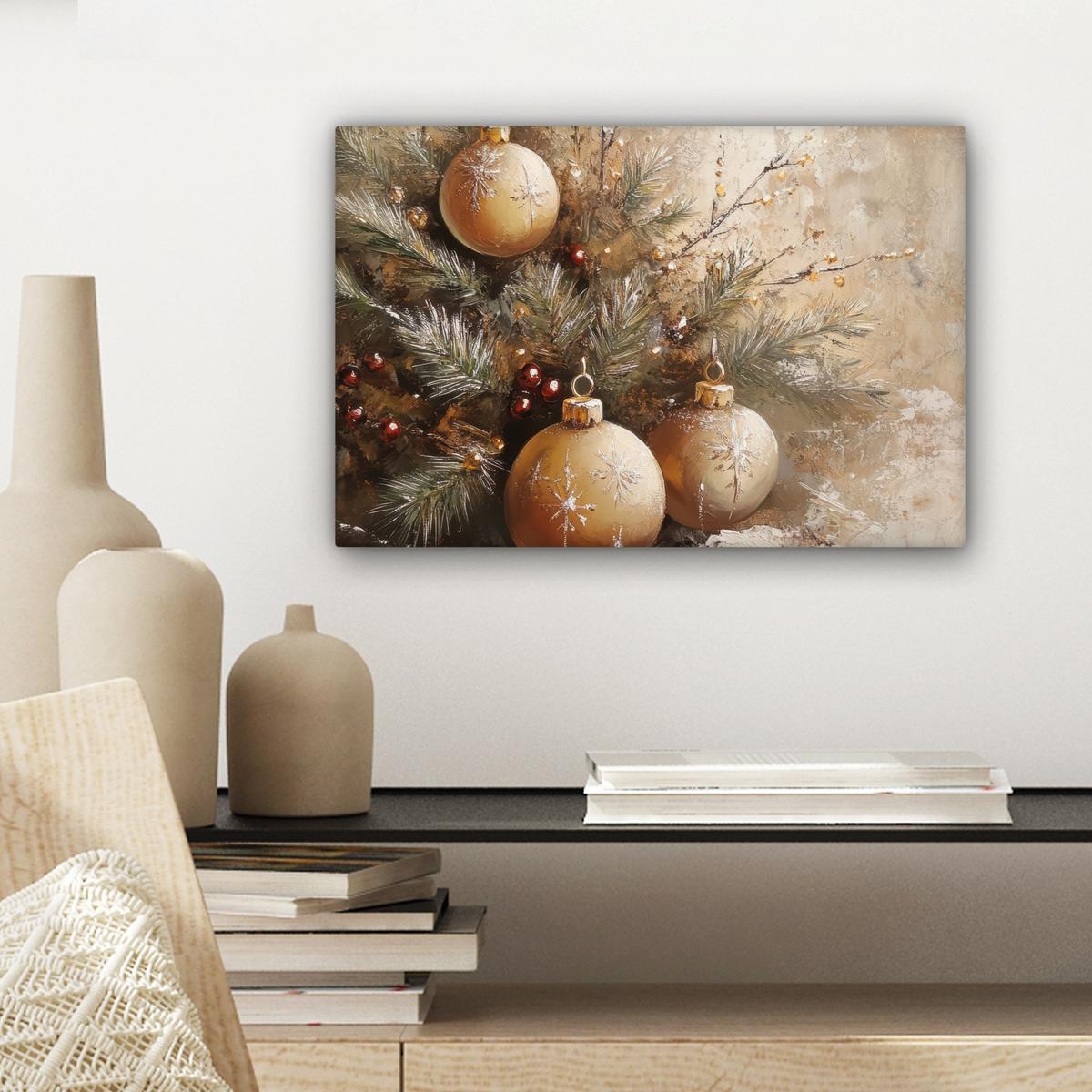 LEINWANDBILD Weihnachten - Kugeln - Beige - Gold Deko Schlafzimmer 30x20 cm - Goldfarben, Textil (30/20cm) - MuchoWow