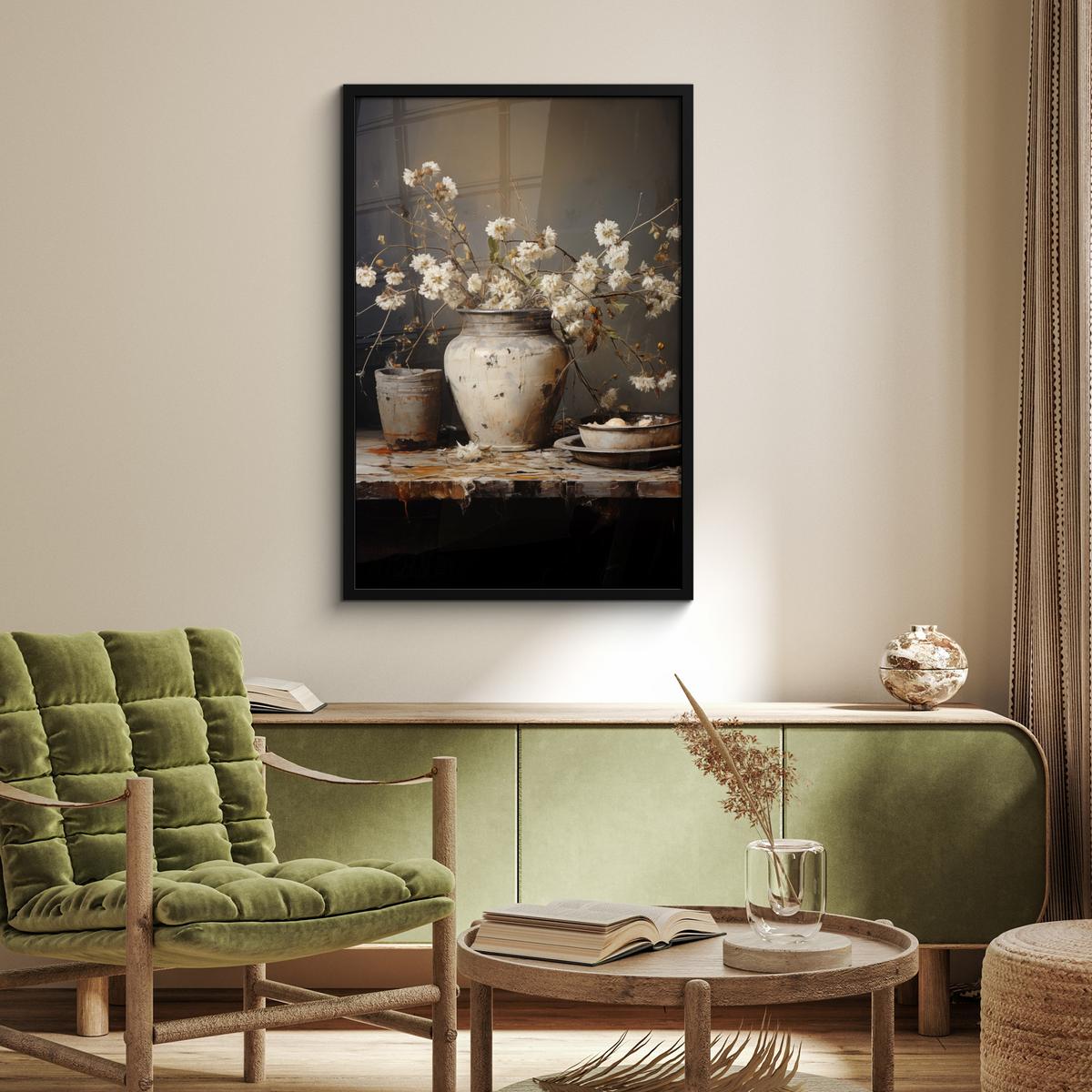 POSTER MIT RAHMENGERAHMTES BILD Stilleben - Blumen - Blumenstrauß - Vase - Wein 60x90 cm - Schwarz, Papier (60/90cm) - MuchoWow