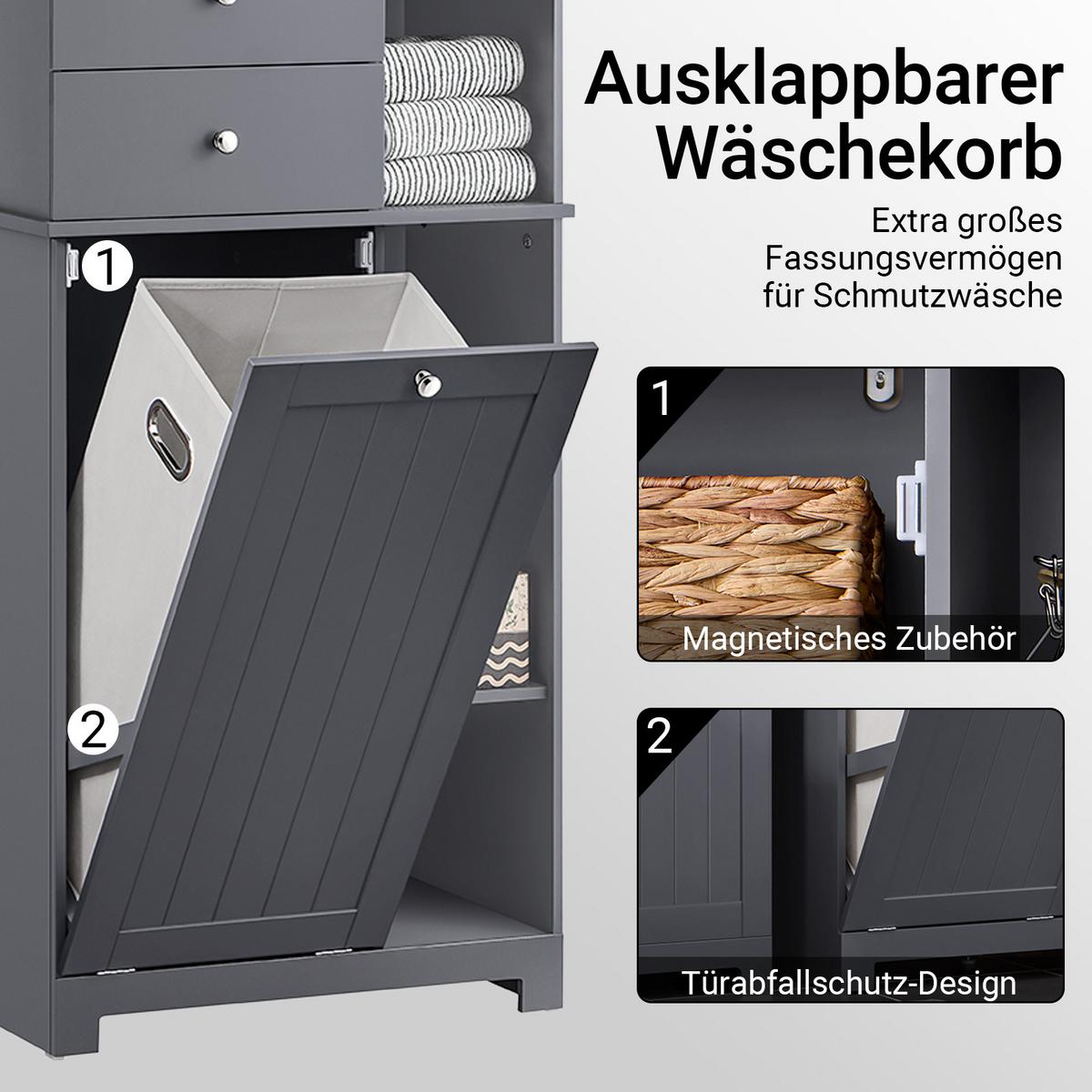 HOCHSCHRANK mit Wäschesack, Grau, Badschrank 60 cm breit, Bad & Waschküche - Grau, Holzwerkstoff (60/170/37cm) - SoBuy