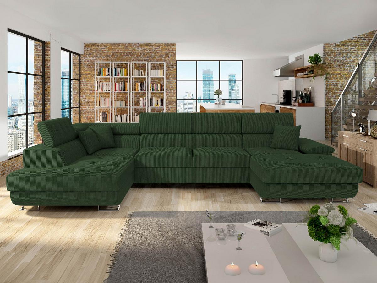 WOHNLANDSCHAFT Cotere Bis Cord, Seite: Links - Grün, Holz (345/91/202cm) - MIRJAN24