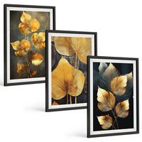 BILDER SET 3er Set - 40x60 cm Schwarzer Rahmen - Gelbe Blätter auf dunklem Hintergrund - Schwarz, Kunststoff (40/60cm) - TULUP