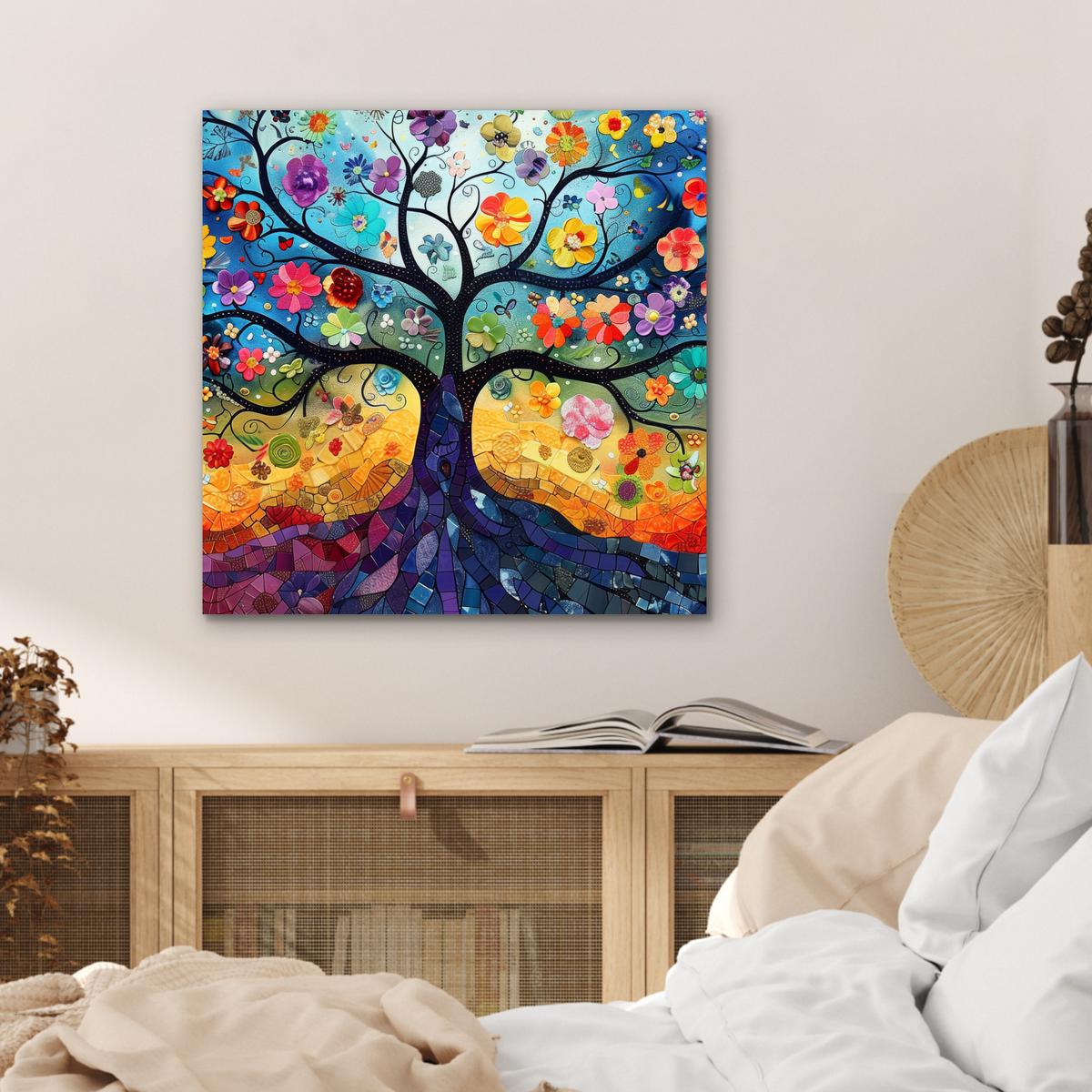 METALLBILD Kunst - Baum des Lebens - Blumen - Hippie 50x50 cm - Dunkelblau, Metall (50/50cm) - MuchoWow