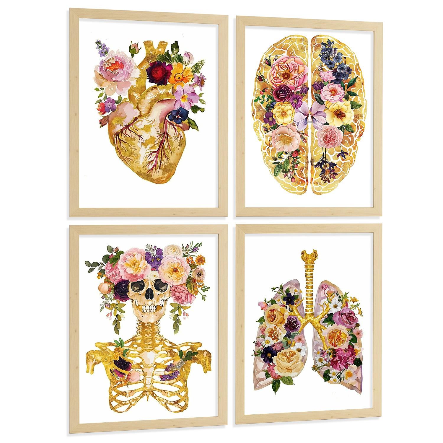 POSTER Set aus 4 Anatomie Mensch Drucke und mit Herz Gehirn Schädel Lungen Luftröhre Bronchien Goldener Floraler Stil Größe Leichter Holzrahmen A3 - Beige, Papier (29.7/42/3cm) - Nacnic