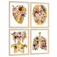 POSTER Set aus 4 Anatomie Mensch Drucke und mit Herz Gehirn Schädel Lungen Luftröhre Bronchien Goldener Floraler Stil Größe Leichter Holzrahmen A3 - Beige, Papier (29.7/42/3cm) - Nacnic