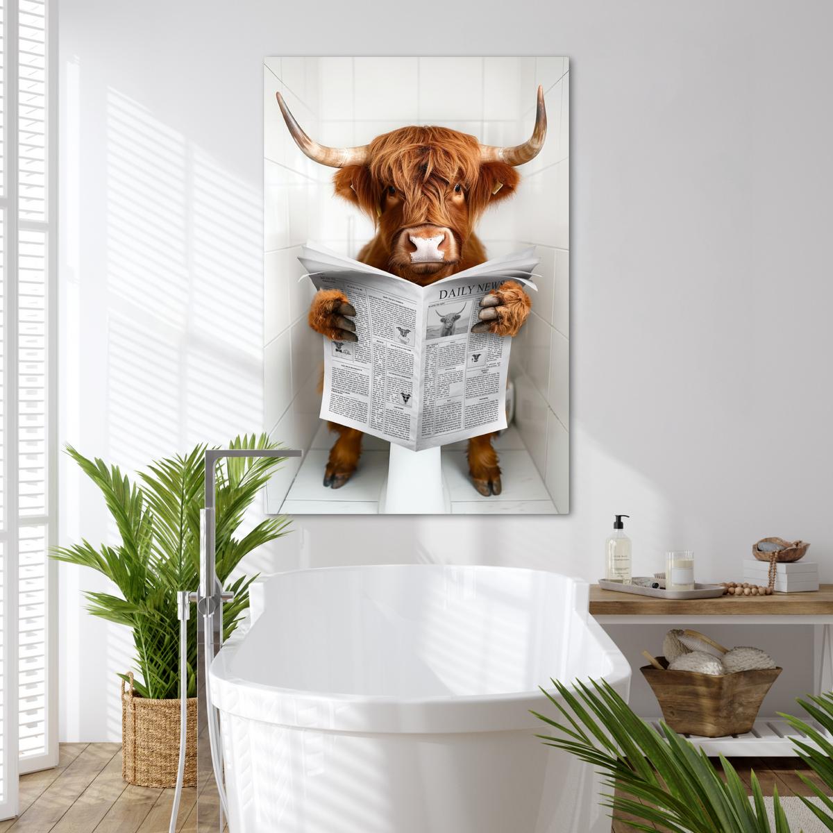 LEINWANDBILD Schottischer Highlander - Tier - Zeitung - Toilette Deko XXL 80x120 cm - Kastanienfarben, Textil (80/120cm) - MuchoWow