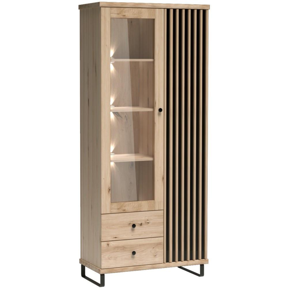 VITRINE Caya mit zwei Türen, zwei Schubladen und LED-Beleuchtung - Schwarz/Eiche Artisan, Holzwerkstoff/Metall (86/201/41cm) - Beautysofa