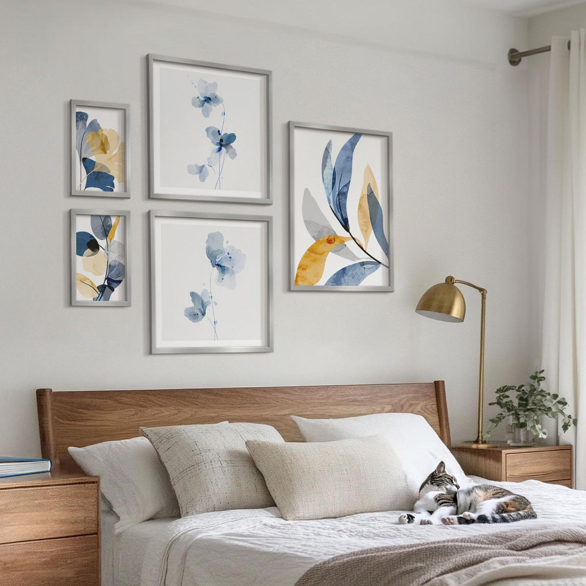 BILDER SET 5er Set - 50x50 cm & 20x30 cm & 40x60 cm Silberner Rahmen - Aquarell-Pflanzenmotive - Silberfarben, Kunststoff (40/60cm) - TULUP