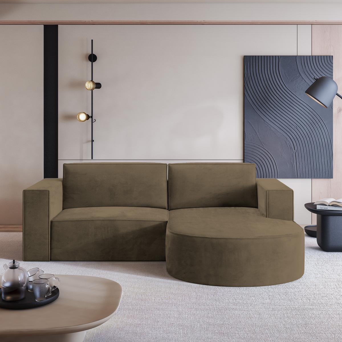 ECKSOFA SORELA M R-S Beige Velours-Stoff mit Schlaffunktion - Beige, Holz (263/174cm) - MASSENO