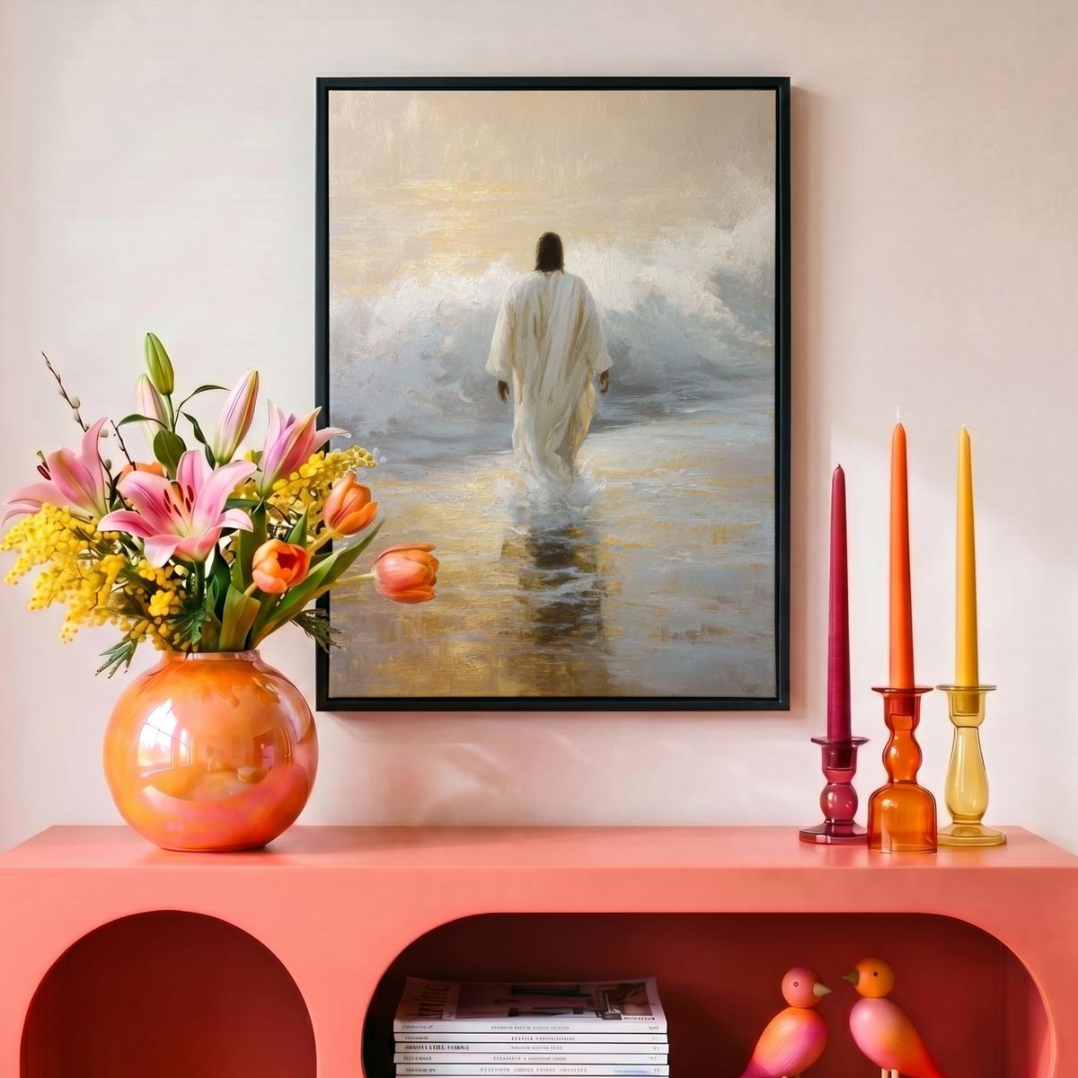 LEINWAND Bilder mit Rahmen - Gemälde - Welle - Jesus - Abstrakt - 30x40 - Goldfarben, Textil (30/40cm) - MuchoWow