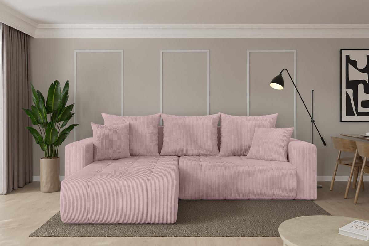 ECKSOFA mit Schlaffunktion Ottomane Links MILA-L 277x194x86 Rosa Cord - Schwarz/Rosa, Holzwerkstoff/Kunststoff (277/194cm) - ALTDECOR